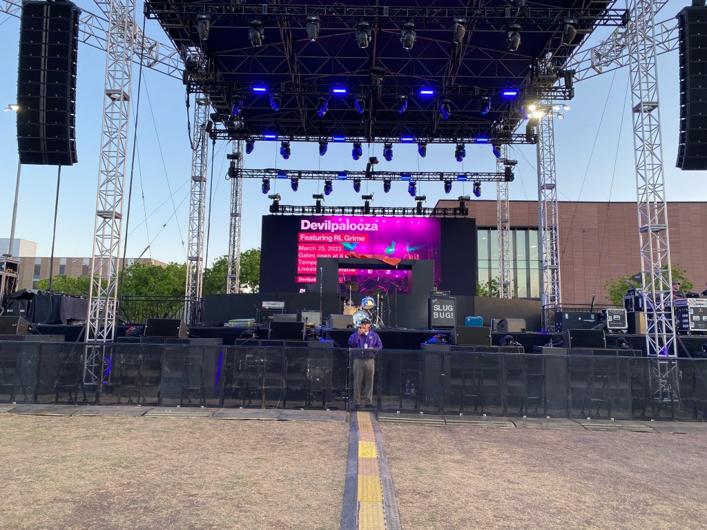 The stage for Devilpalooza 2023 is prepared for not one but three music acts of the night. Slug Bug, Shifty, and R.L. Grime. ASU's annual music festival is ready for the biggest night of the year.